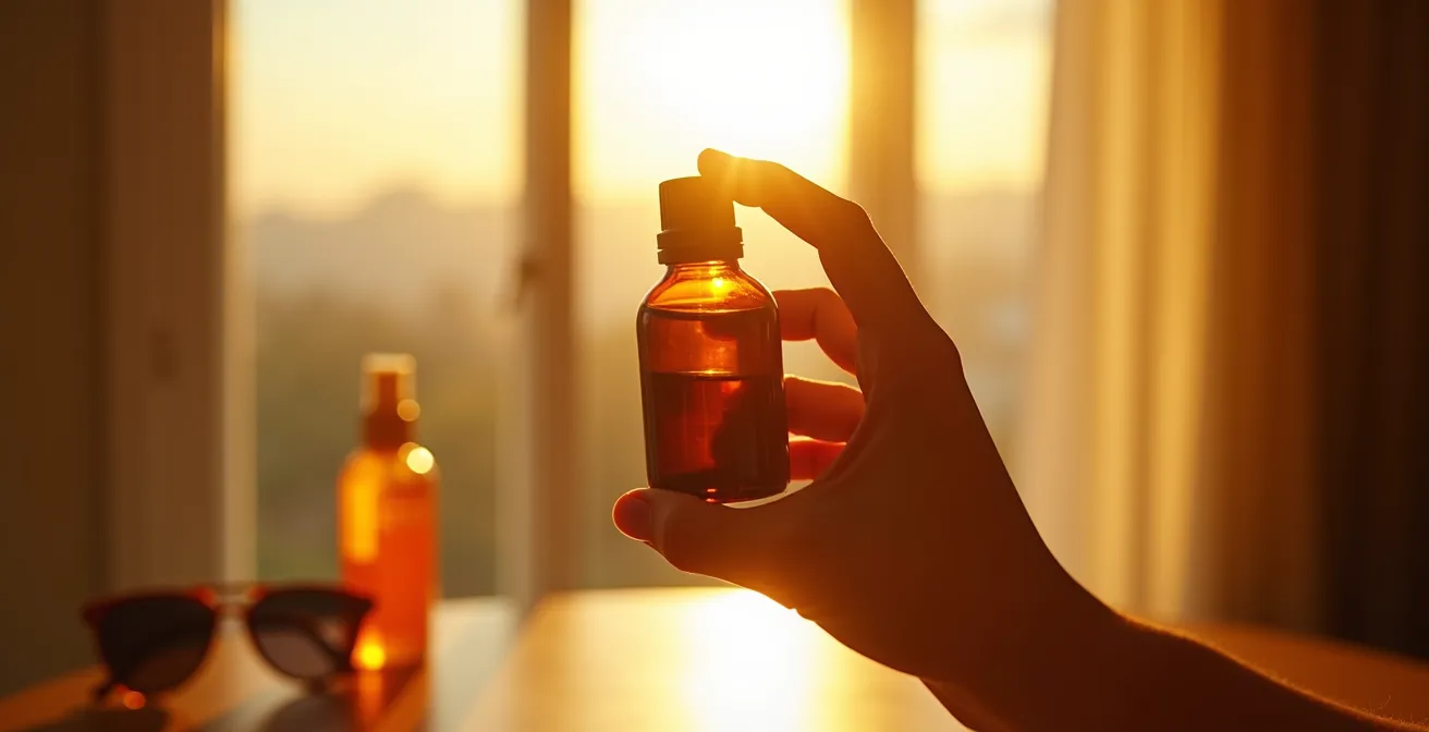 Mano aplicando aceite esencial con sol de fondo mostrando precaución por fotosensibilización