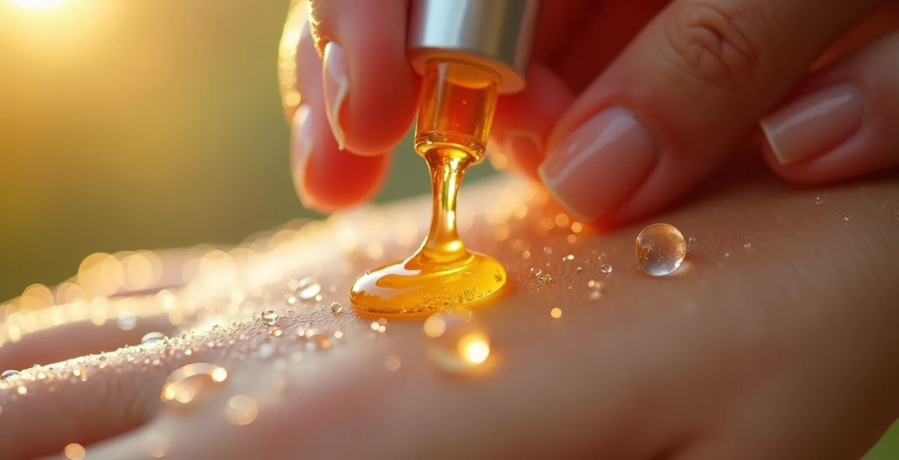 Manos aplicando aceite de rosa mosqueta sobre piel húmeda con técnica de masaje