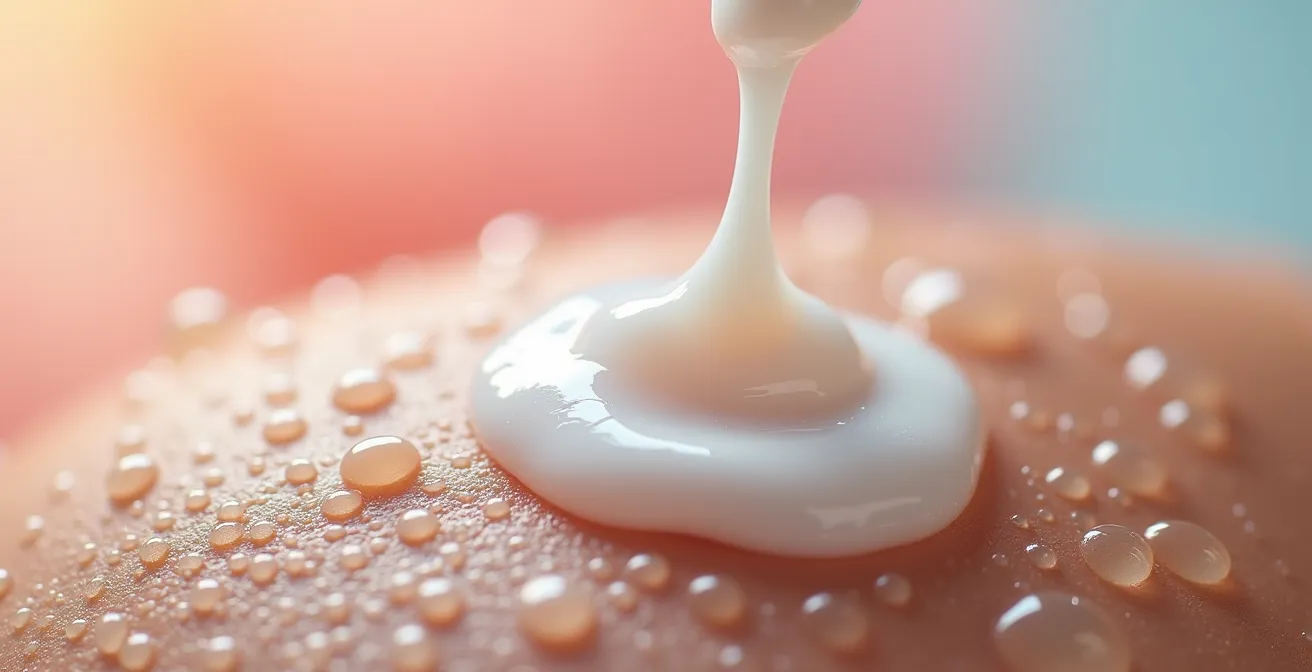 Detalle de aplicación de crema corporal sobre piel húmeda con gotas de agua visibles