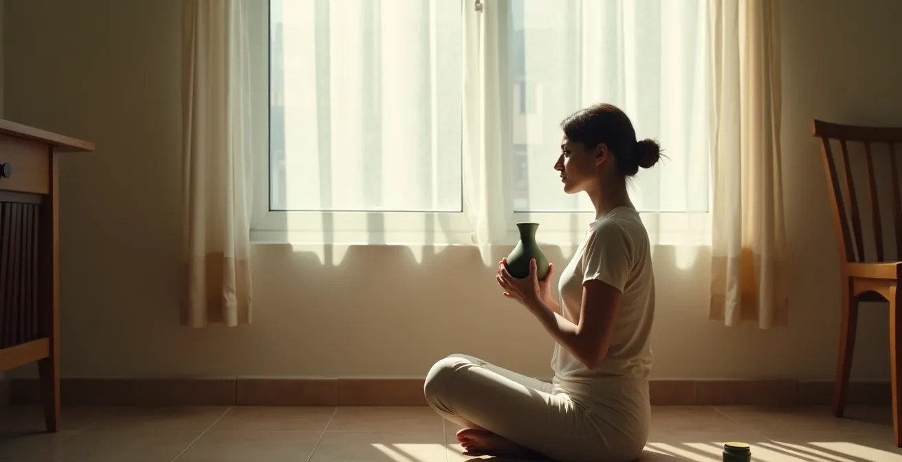 Persona tomando mate en soledad en un espacio tranquilo con luz natural suave