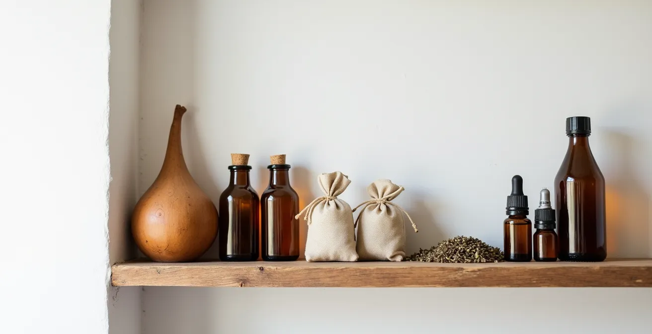 Estante de madera con frascos de hierbas medicinales, tinturas y aceites esenciales organizados