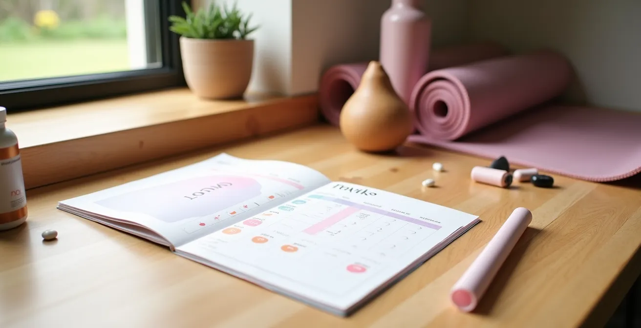 Planificador visual de 28 días mostrando las fases del ciclo y rutinas anticelulíticas correspondientes