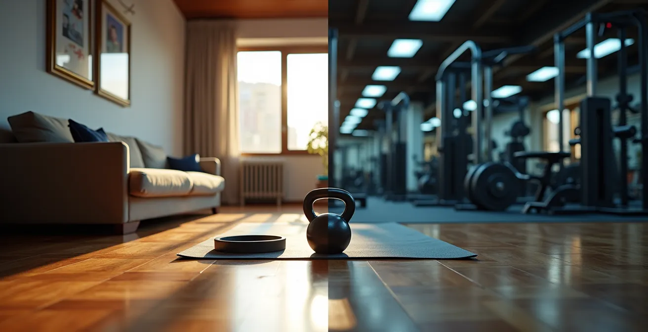 División visual entre entrenamiento en casa y gimnasio en Buenos Aires