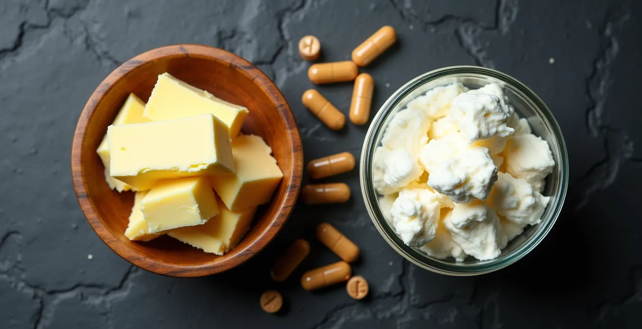 Comparación visual entre manteca de karité pura amarillenta y refinada blanca