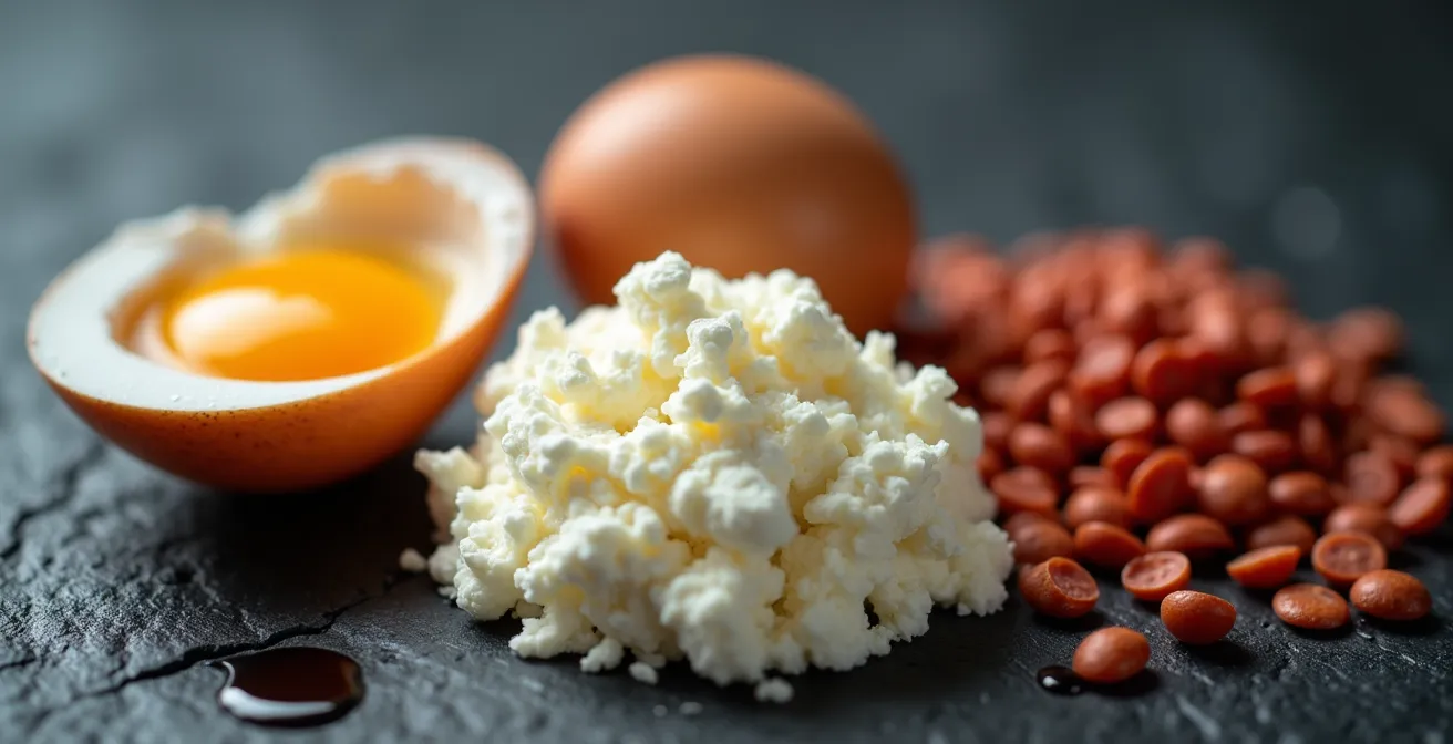 Primer plano macro de huevos frescos, ricota y lentejas mostrando sus texturas naturales