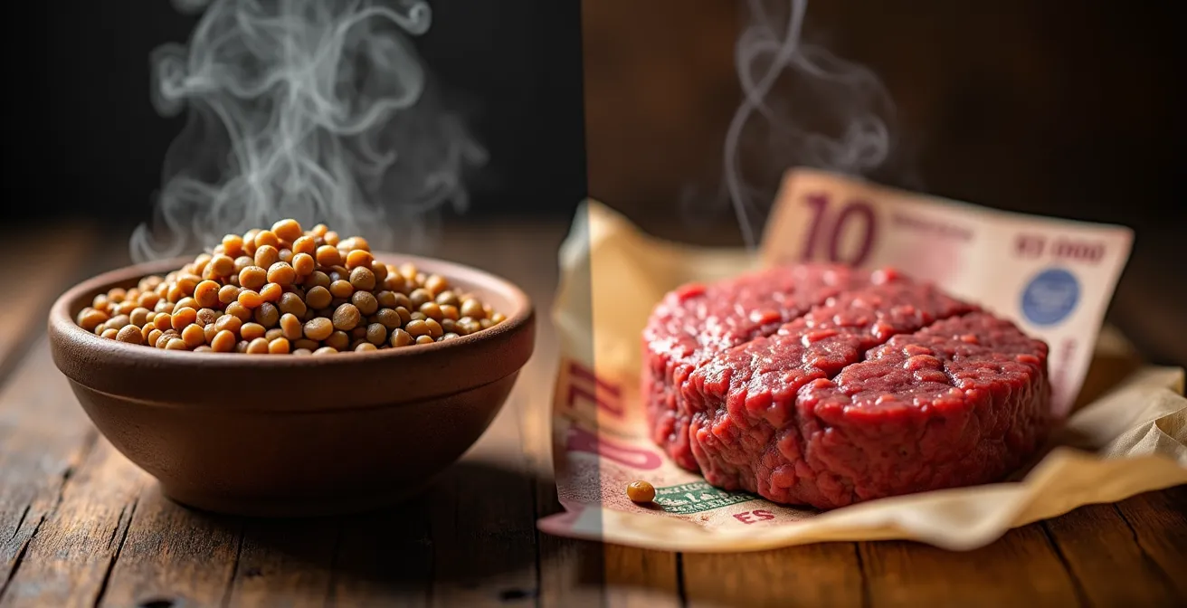 Composición artística mostrando lentejas y carne picada con sus valores nutricionales