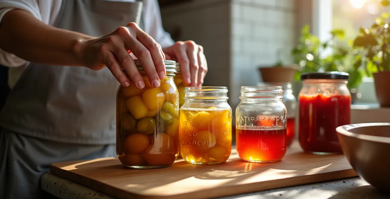 Frascos de conservas caseras con verduras de estación procesadas, como berenjenas en escabeche y salsa de tomate.
