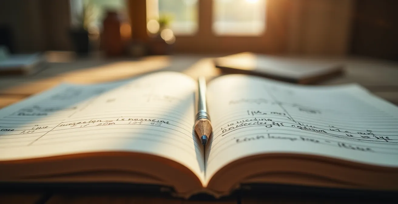 Cuaderno de entrenamiento con anotaciones de pesos y repeticiones sobre mesa de madera