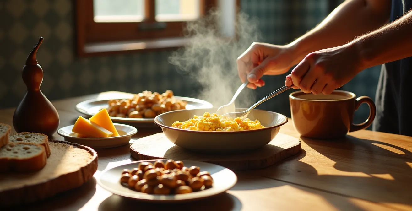 Mesa de desayuno argentina con mate, huevos revueltos y queso fresco al amanecer