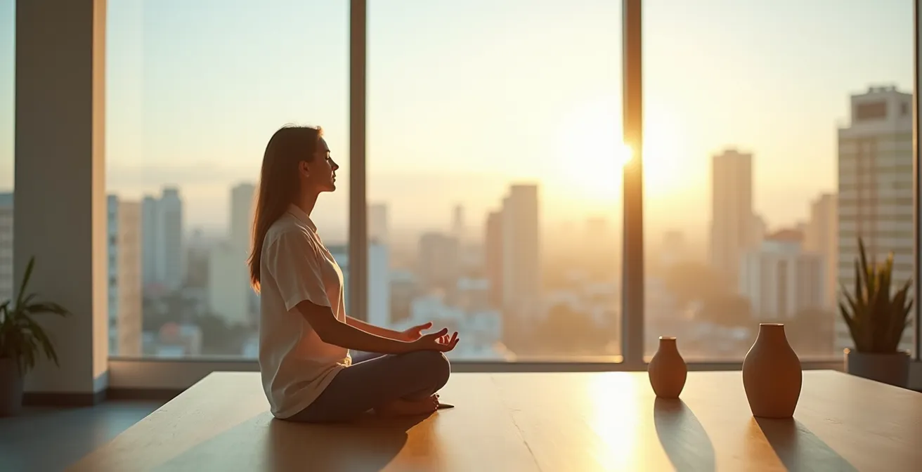 Profesional argentino practicando pausa consciente con mate en entorno laboral