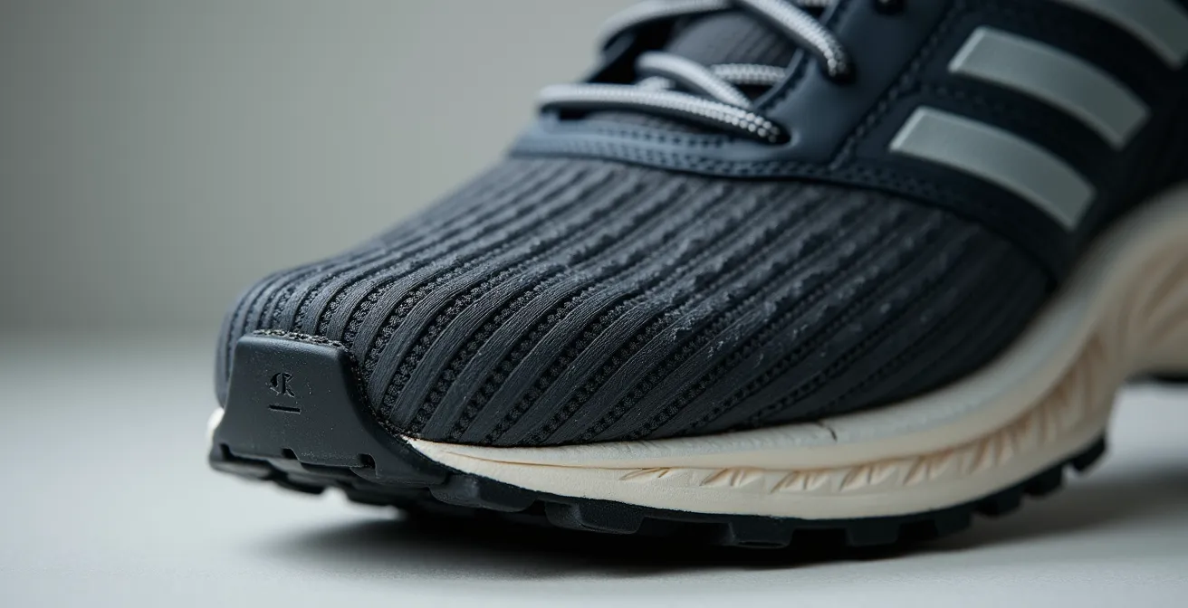 Vista macro detallada del patrón de desgaste en la suela de una zapatilla deportiva