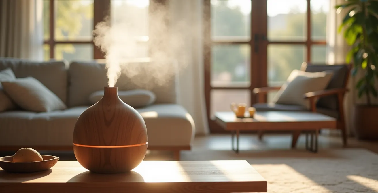 Difusor ultrasónico dispersando niebla de aceites esenciales en ambiente hogareño