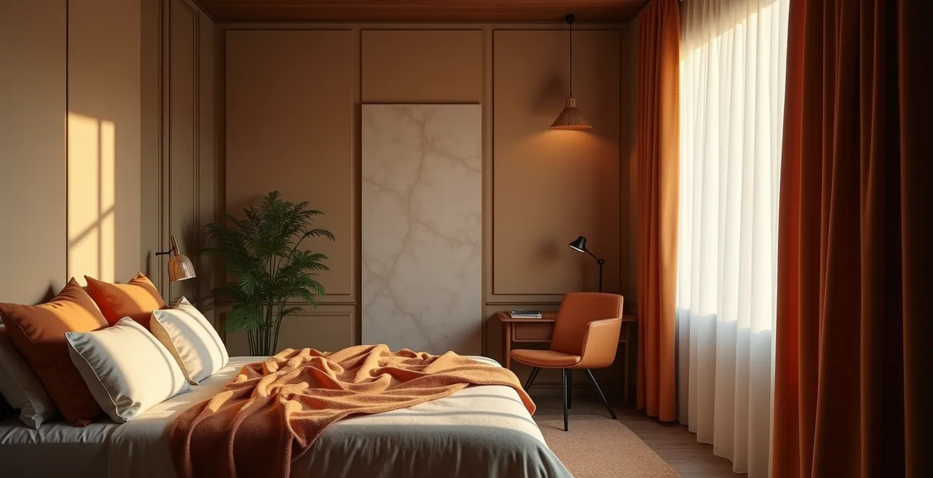 Habitación argentina preparada para el descanso nocturno con elementos bloqueadores de luz y ruido