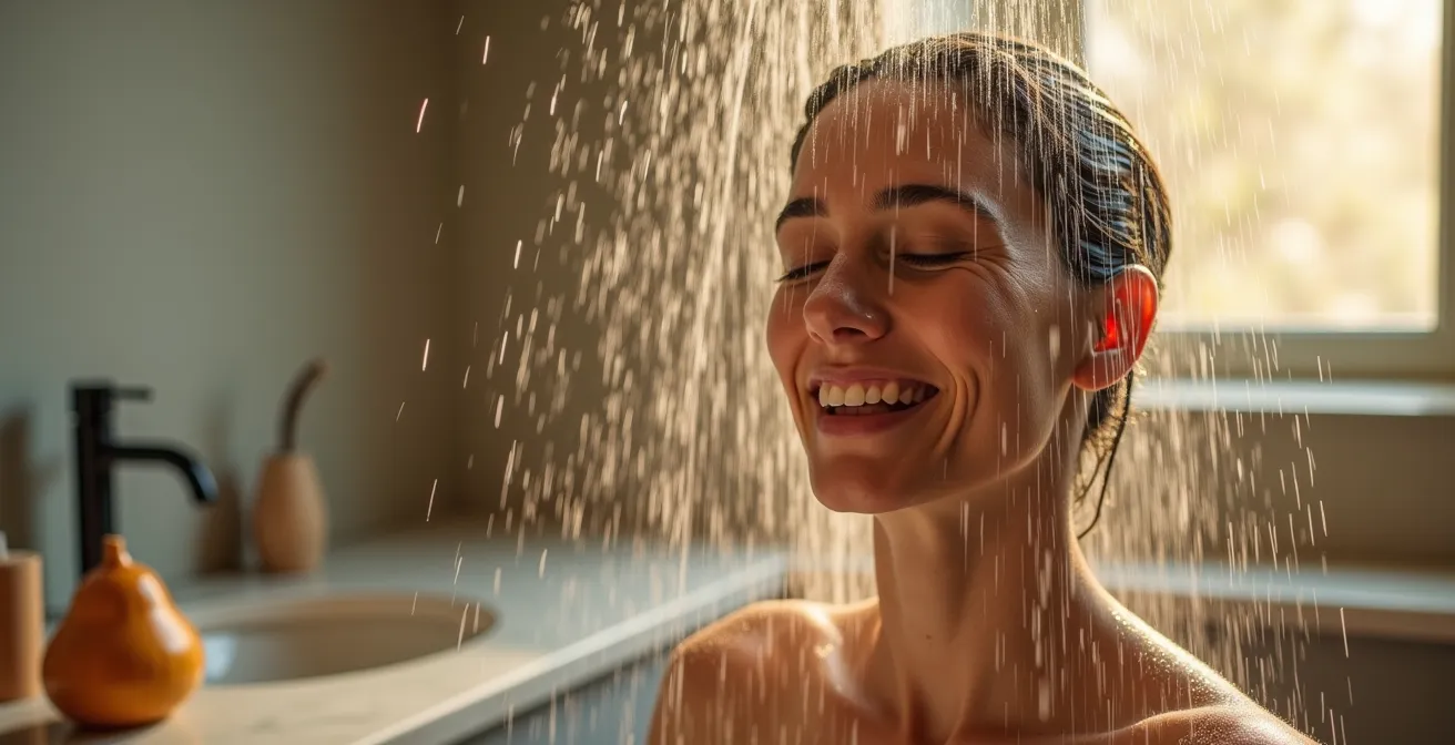 Persona bajo ducha fría con gotas de agua y expresión de vitalidad