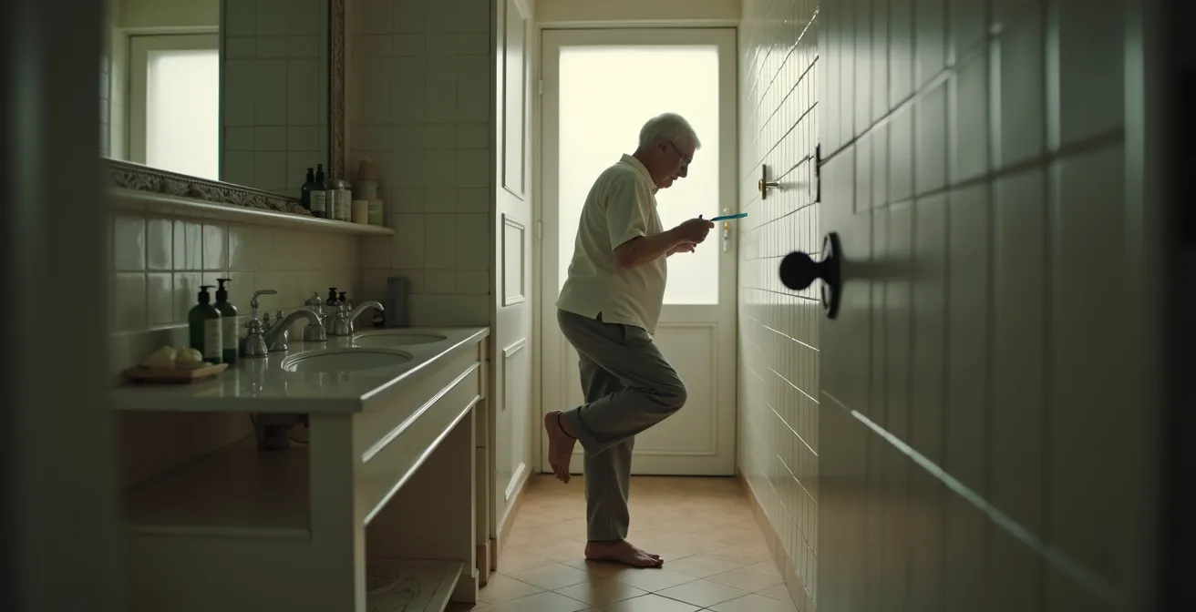 Persona mayor practicando equilibrio sobre un pie en el baño con apoyo seguro