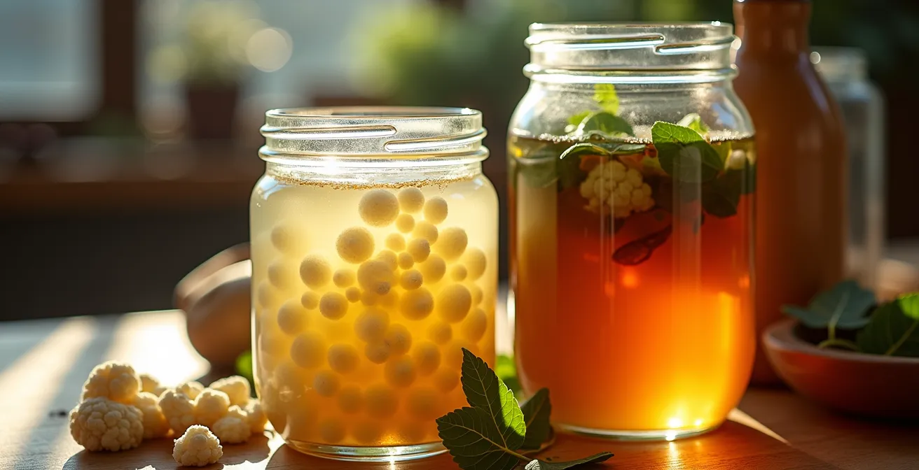 Gránulos de kéfir y kombucha de yerba mate sobre mesa de madera argentina