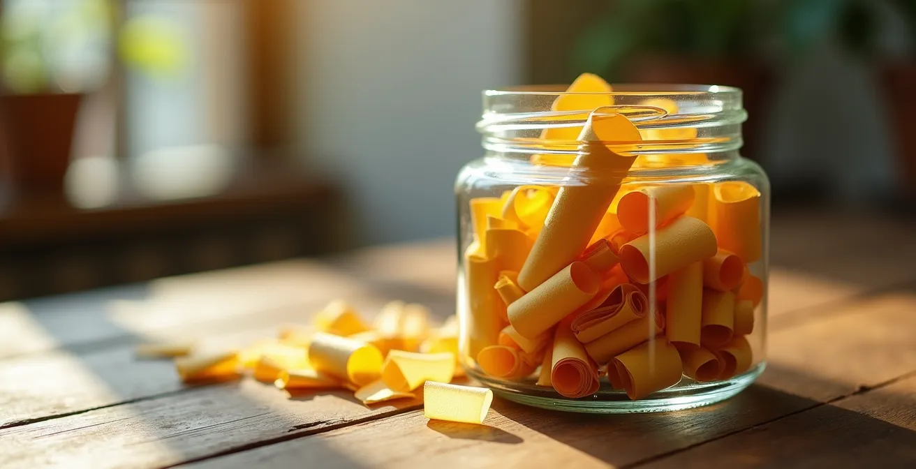 Frasco de vidrio transparente con papelitos enrollados de colores cálidos, sobre mesa de madera con luz natural suave