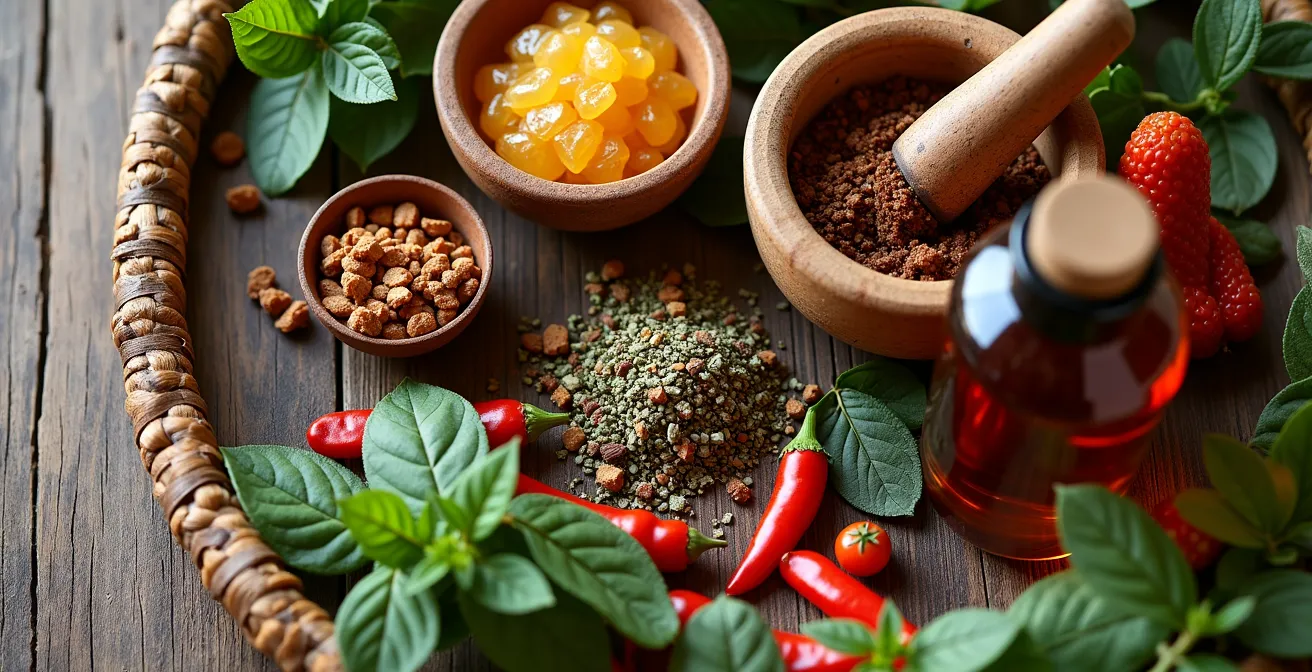 Composición de hierbas medicinales argentinas sobre mesa de madera con mortero