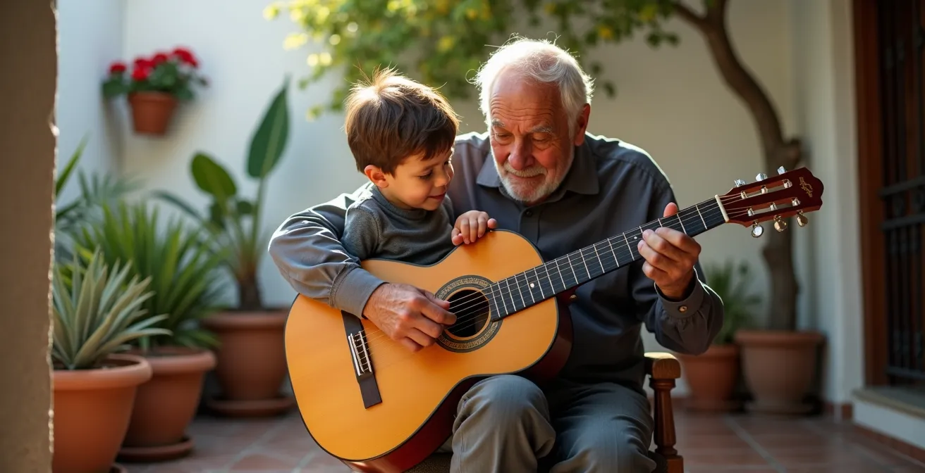 Abuelo argentino enseñando a tocar guitarra a su nieto en un patio con plantas