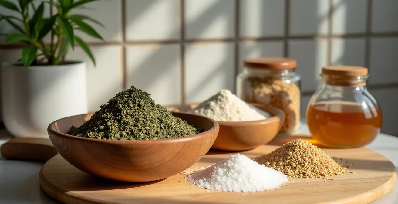 Mesa de cocina argentina con ingredientes naturales para exfoliantes caseros