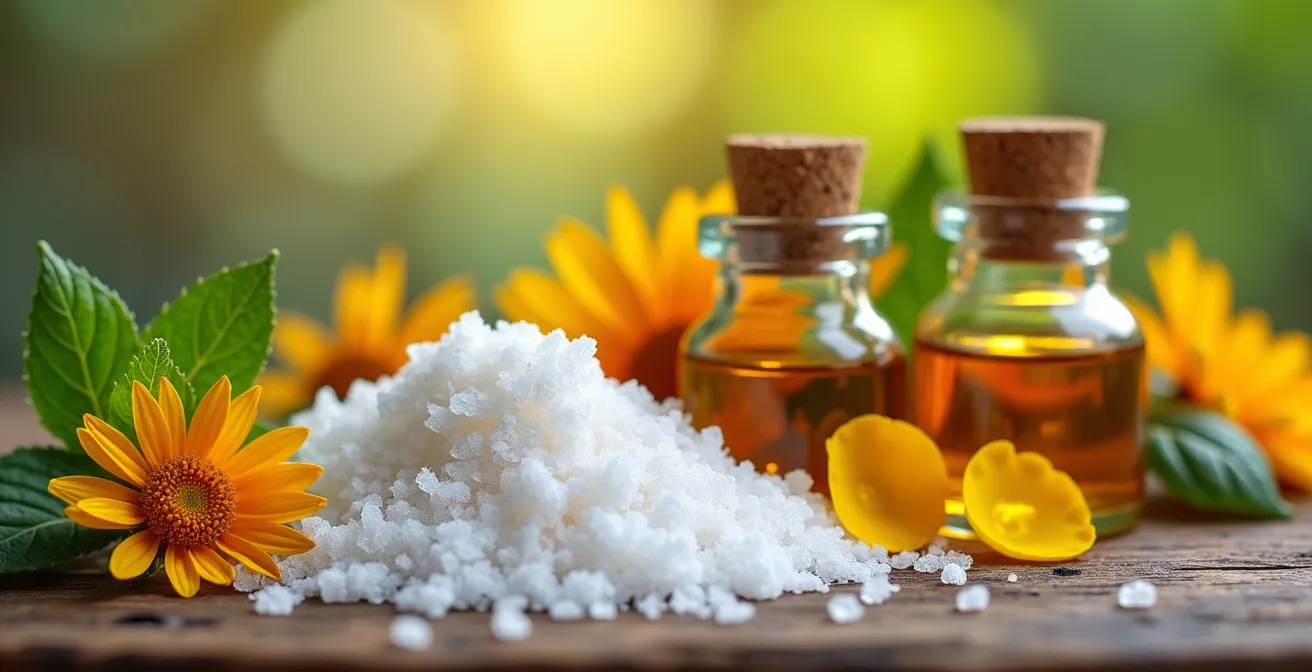 Mesa de trabajo con fécula de mandioca, aceites esenciales y hierbas para preparar cosméticos naturales