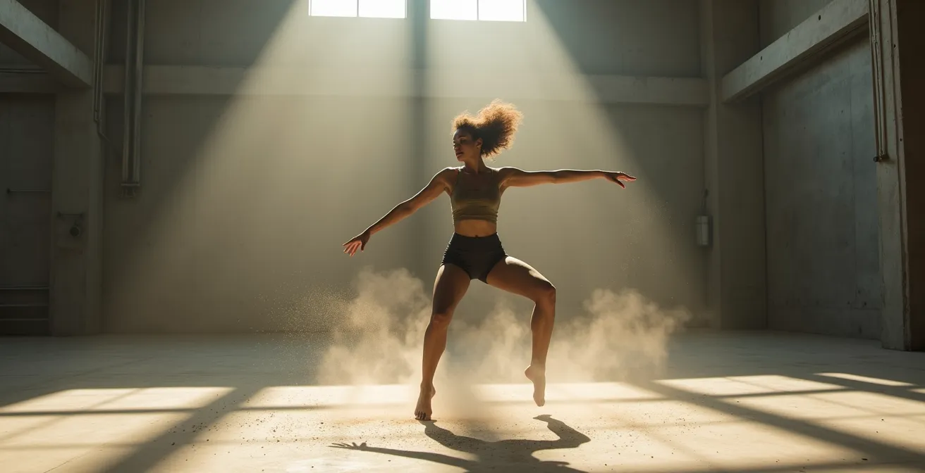 Persona realizando movimientos expresivos de liberación emocional en un espacio abierto