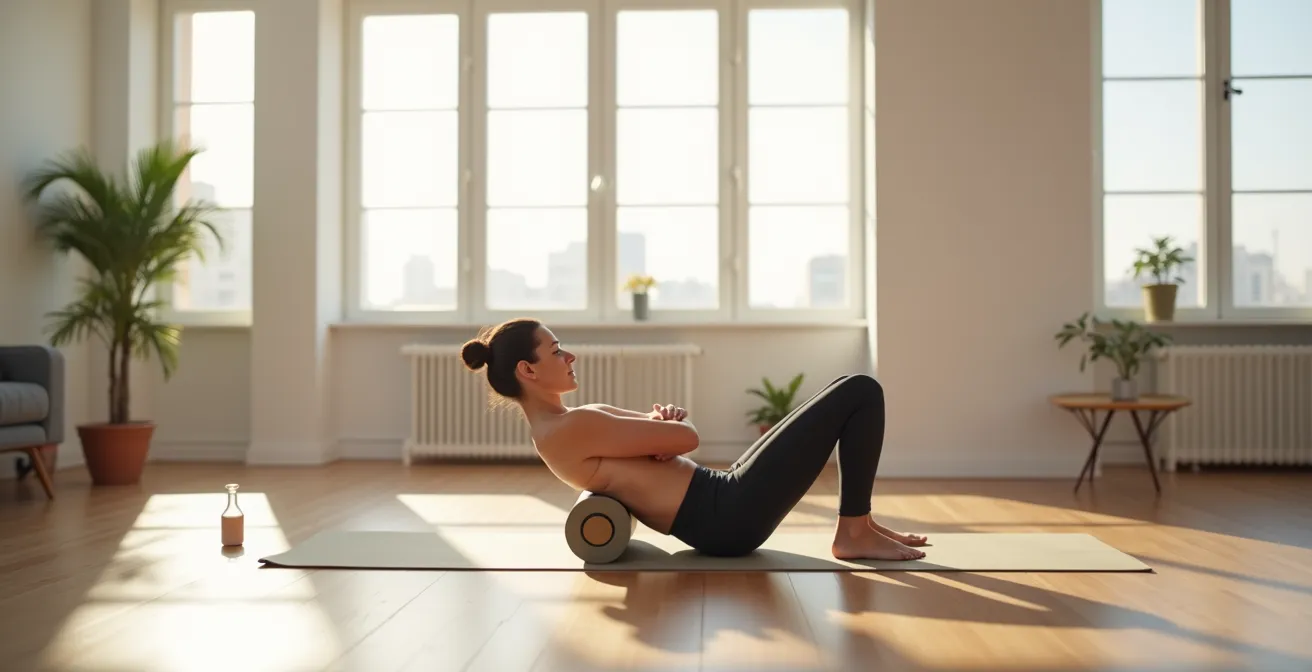 Persona usando rodillo de espuma para liberación miofascial en espalda