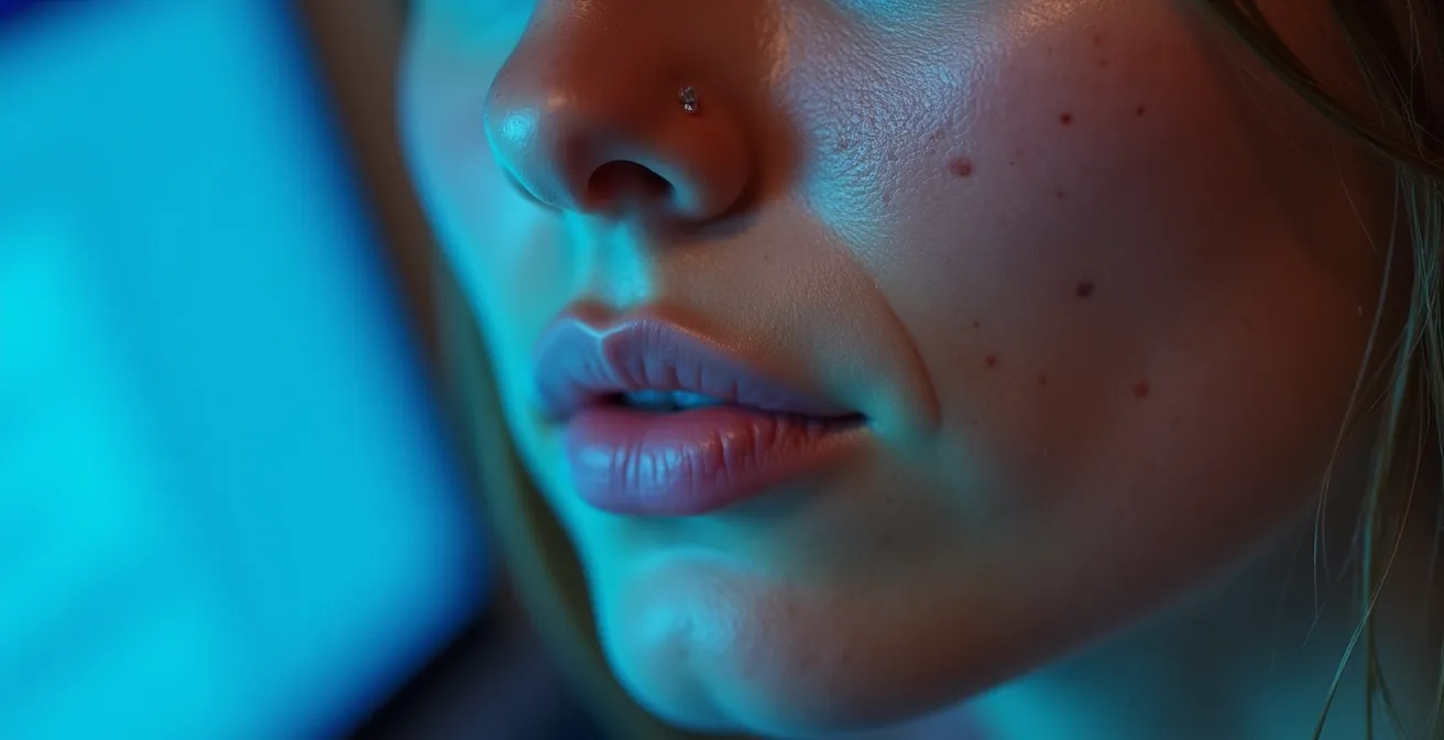 Detalle macro de piel con efectos de luz azul mostrando textura y pigmentación