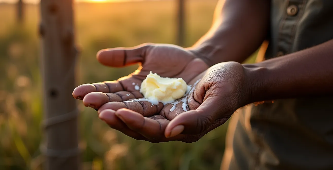 Manos de trabajador rural patagónico siendo tratadas con manteca de karité