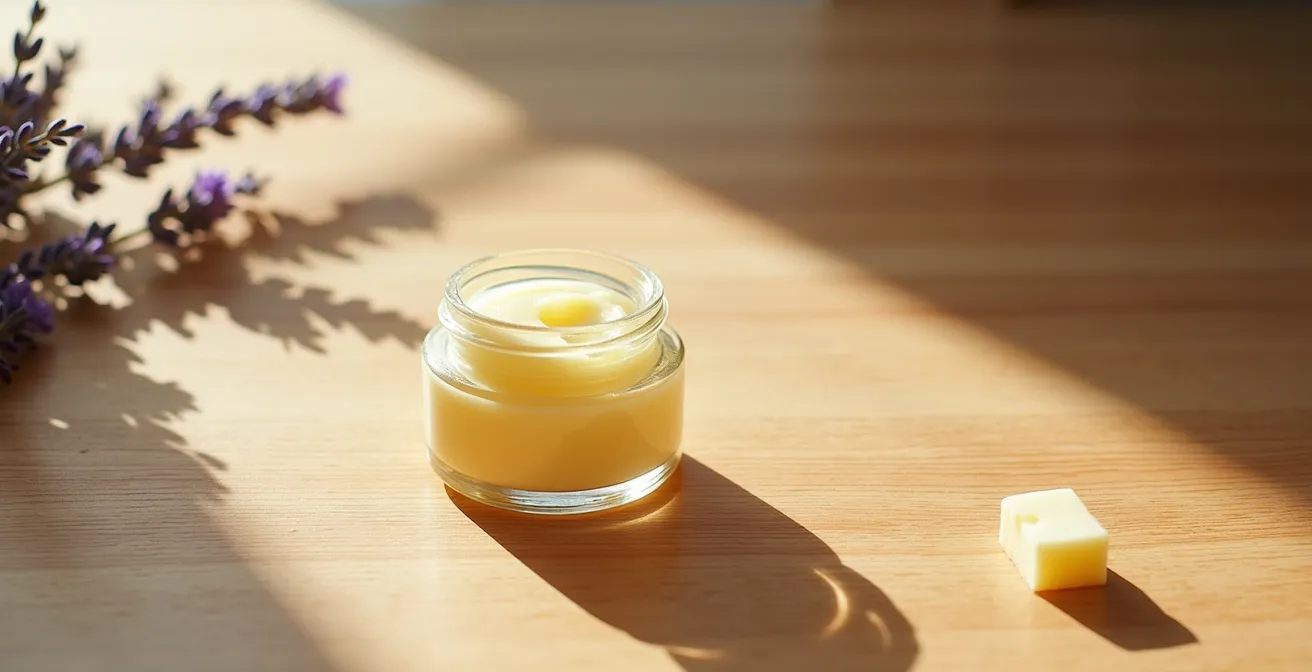 Textura cremosa de manteca de karité pura sobre superficie de madera