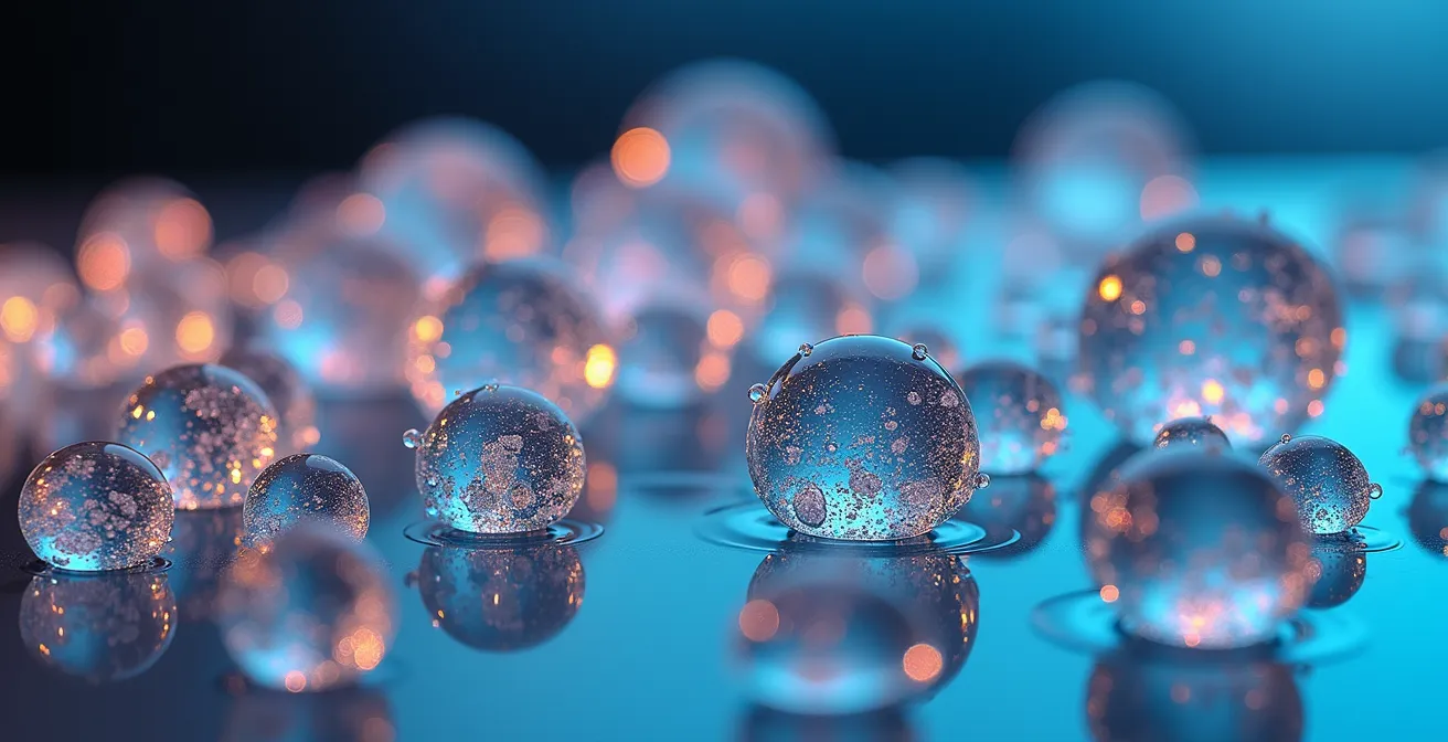 Vista macro de células con agua y minerales en proceso de ósmosis