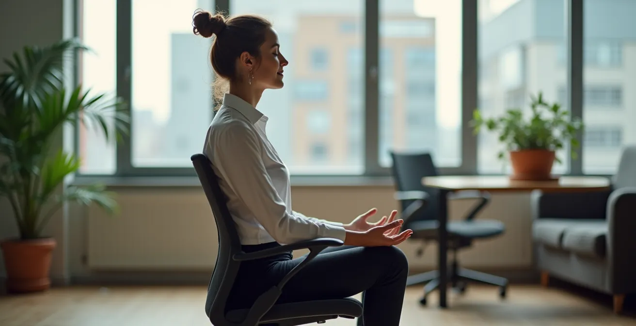 Profesional meditando en silla de oficina con postura correcta