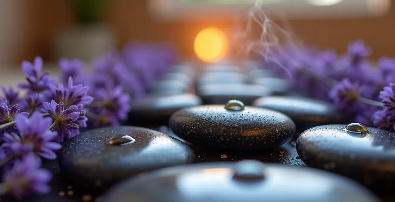 Piedras de basalto calientes con aceite de lavanda en ambiente de spa relajante