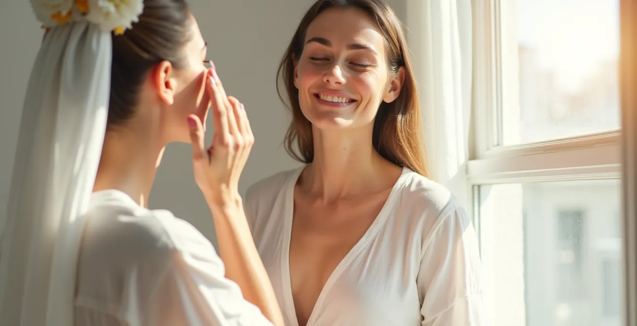 Mujer aplicando protector solar en escote y dorso de las manos bajo luz natural