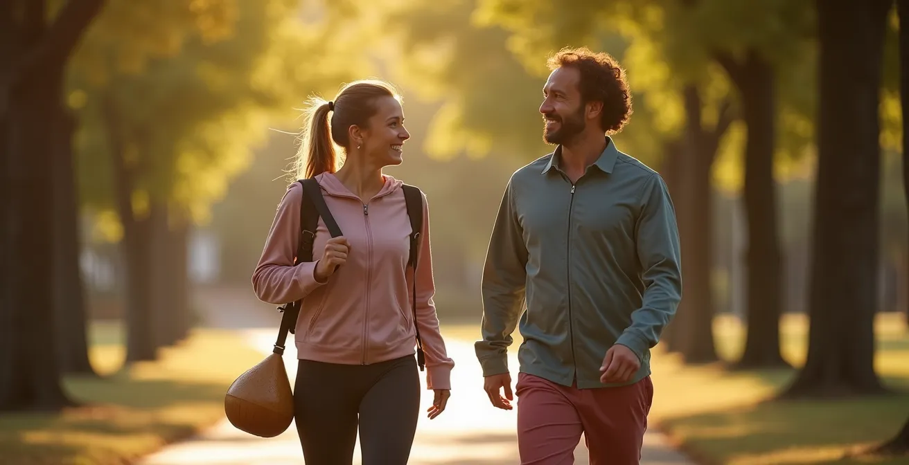 Dos personas conversando mientras caminan rápido entre árboles con mate en mano