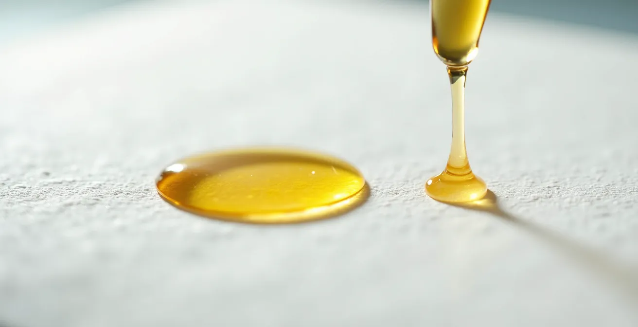 Prueba de pureza de aceite esencial con papel blanco mostrando diferencias entre puro y adulterado