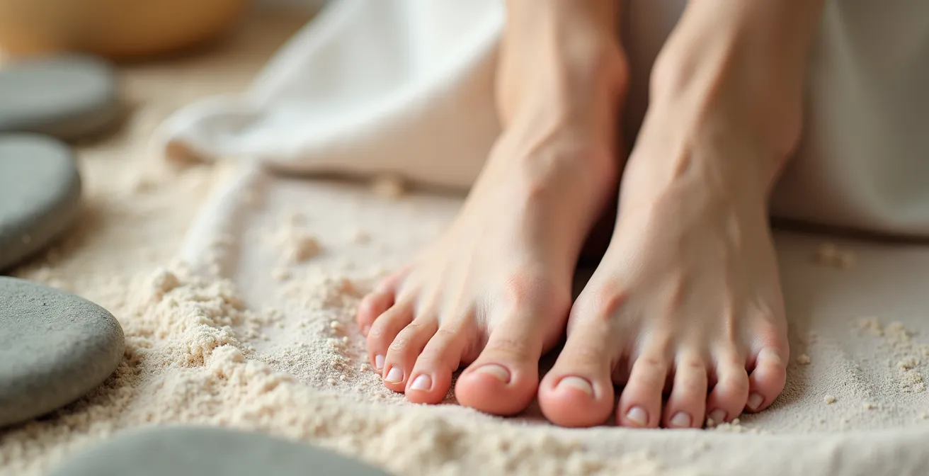 Vista cenital de pie mostrando ubicación exacta del punto del plexo solar para alivio de ansiedad