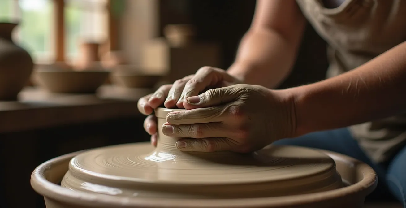 Manos trabajando arcilla en taller artesanal porteño