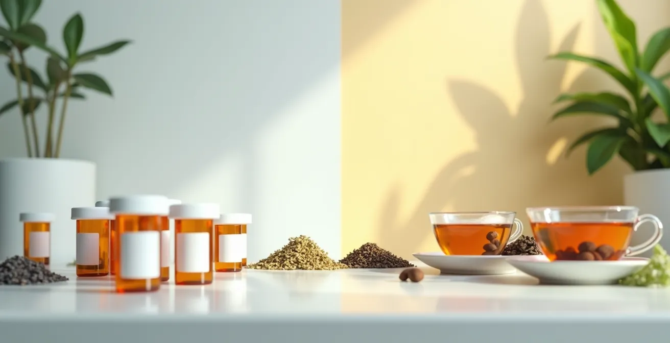 Contraste visual entre medicación controlada y hierbas naturales mostrando equilibrio necesario