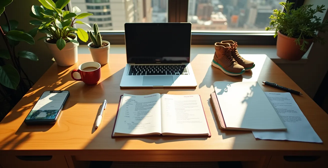 Vista aérea de escritorio con elementos de trabajo organizados según momentos del día