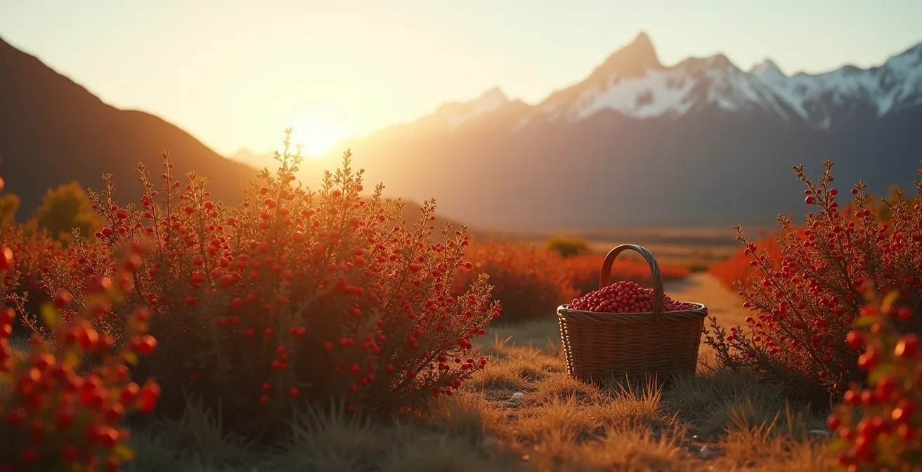 Campo de rosa mosqueta silvestre en la Patagonia argentina con montañas andinas de fondo