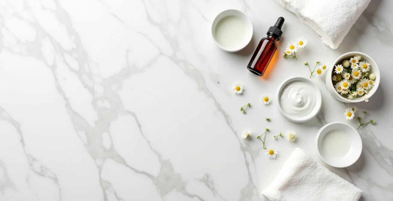 Mesa con productos minimalistas de recuperación post limpieza facial