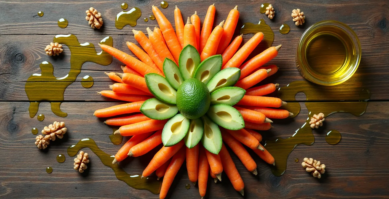 Composición de vegetales coloridos con aceite de oliva y frutos secos mostrando sinergia nutricional