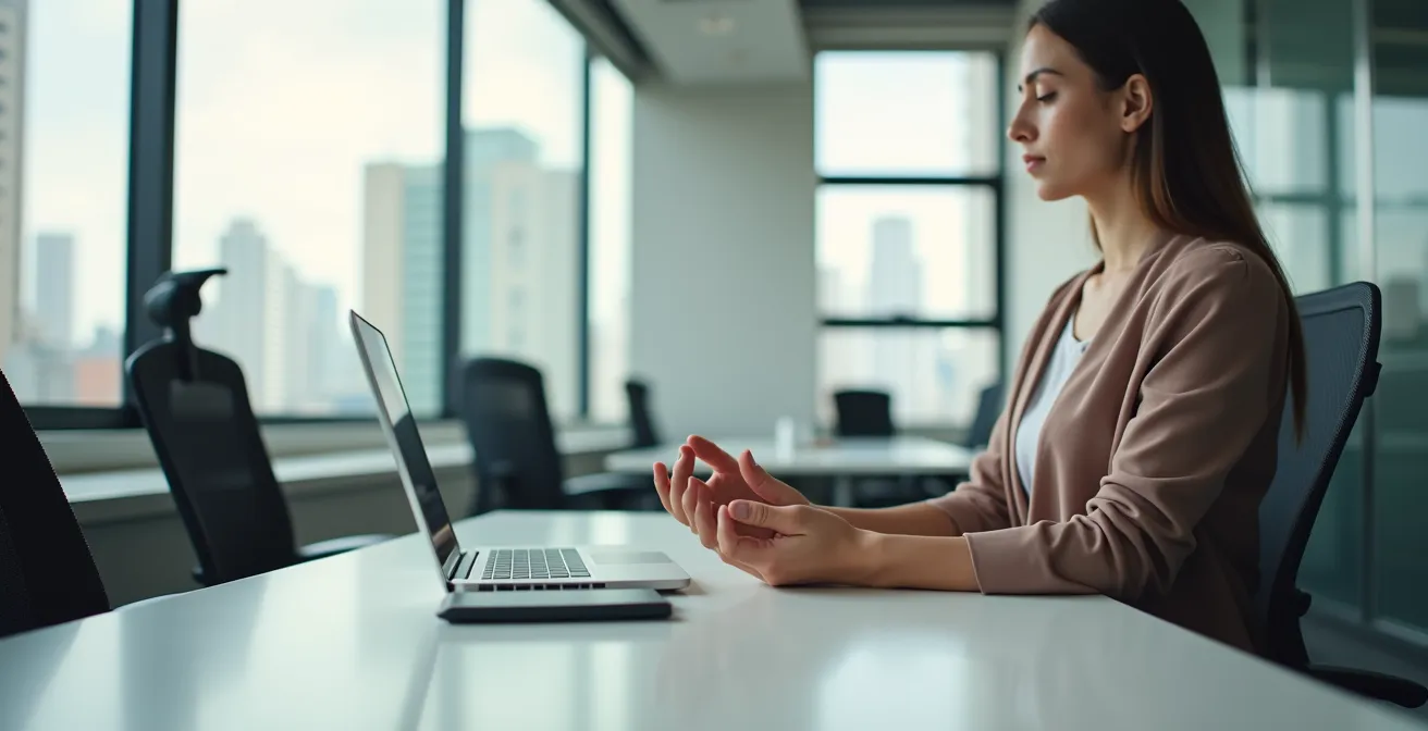 Profesional practicando respiración de caja discretamente en espacio de trabajo