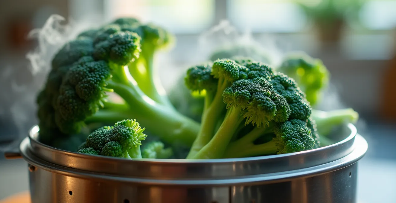 Brócoli cocinándose al vapor mostrando la técnica correcta de cocción para preservar vitaminas