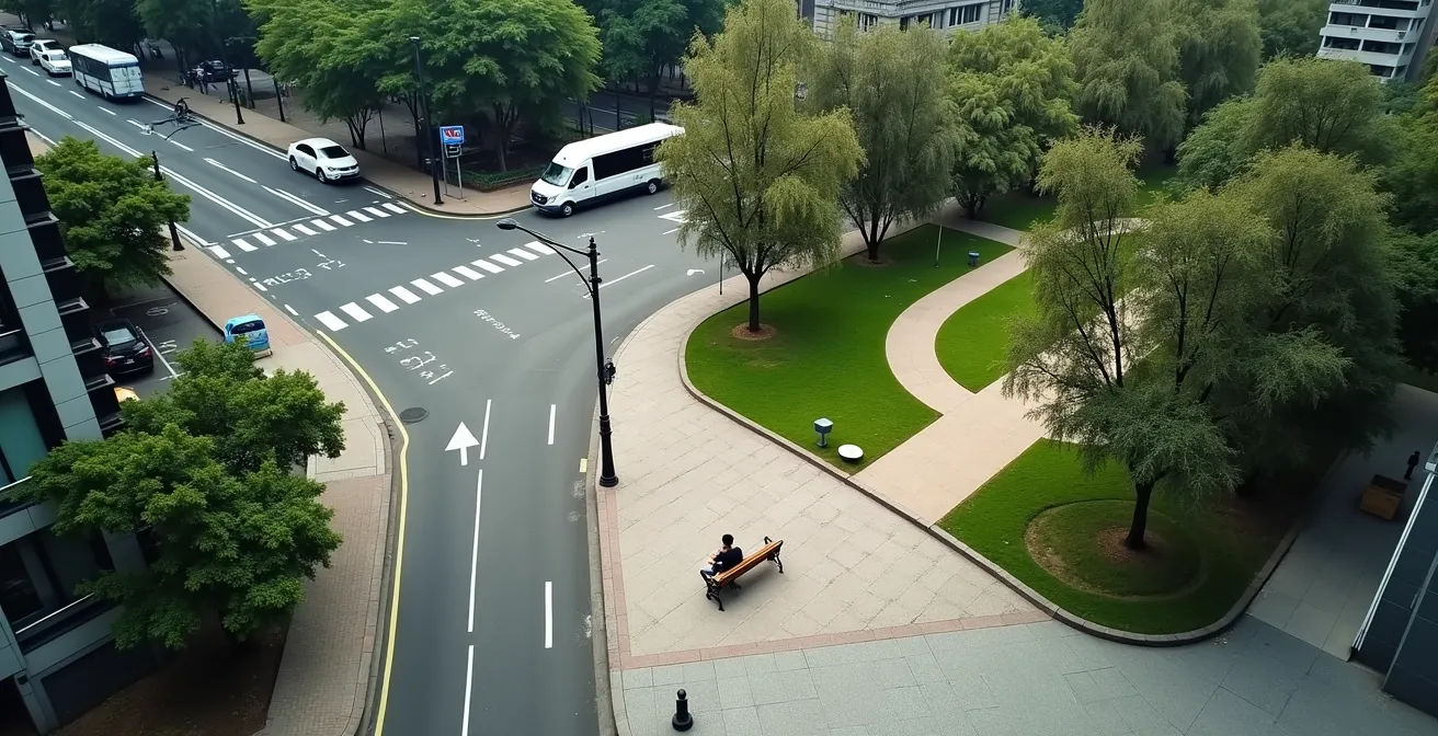 Vista aérea de contraste entre caos urbano y momento de calma para comer