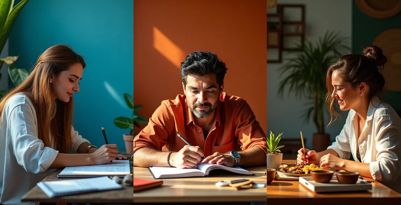 Representación artística de los tres biotipos ayurvédicos con elementos culturales argentinos